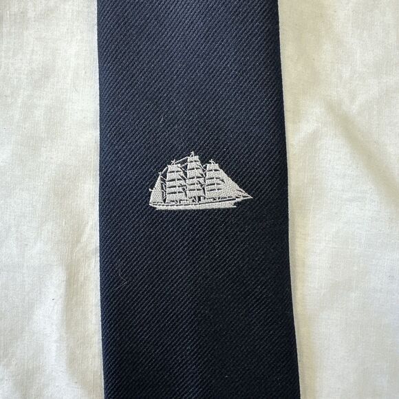 Reine Seide Italy Men's Dark Blue With Sailing Ship 100% Silk Tie Nautical 2.75” - Picture 2 of 8